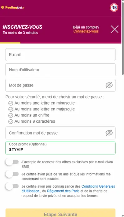 Inscription Feelingbet - code promo
