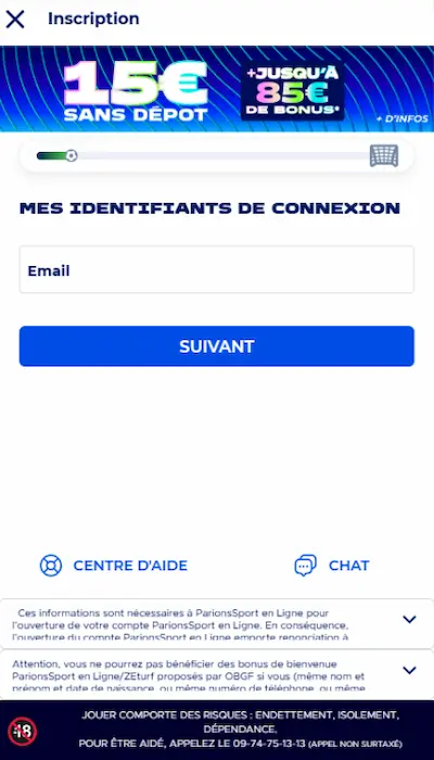 Inscription Parions Sport en Ligne - Adresse mail
