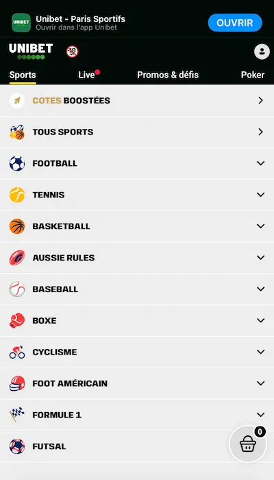 Capture d'écran de l'interface de l'application mobile Unibet France montrant les cotes sportives en direct.