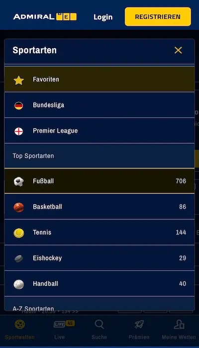 Das Fussball Wettangebot bei AdmiralBet