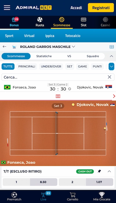 Test scommesse in diretta su admiralbet