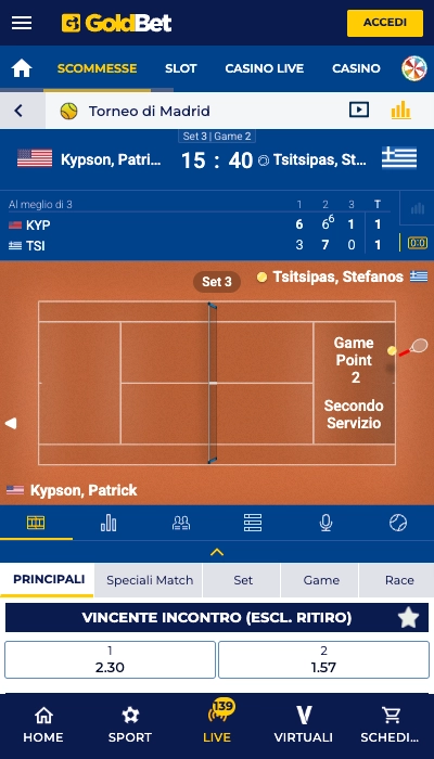 Test scommesse in diretta su Goldbet