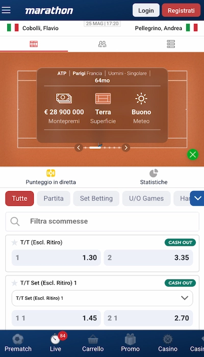 Test scommesse in diretta su marathonbet