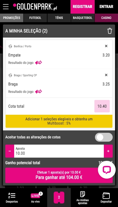 Captura de pantalla de la interfaz de la aplicación móvil Goldenpark mostrando menú de juegos y promociones