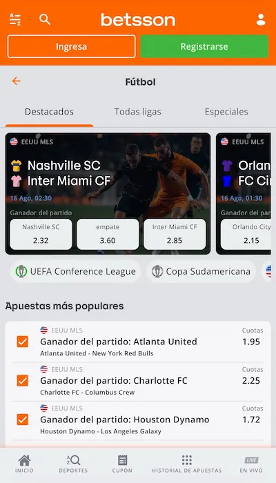 Betsson Colombia lista de partidos