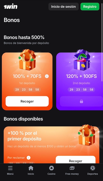 Schermafbeelding van het 1win promo code en bonus slider interface