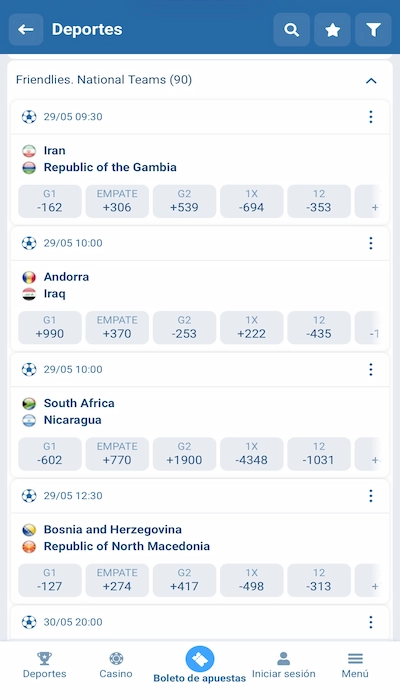 1xBet lista de partidos