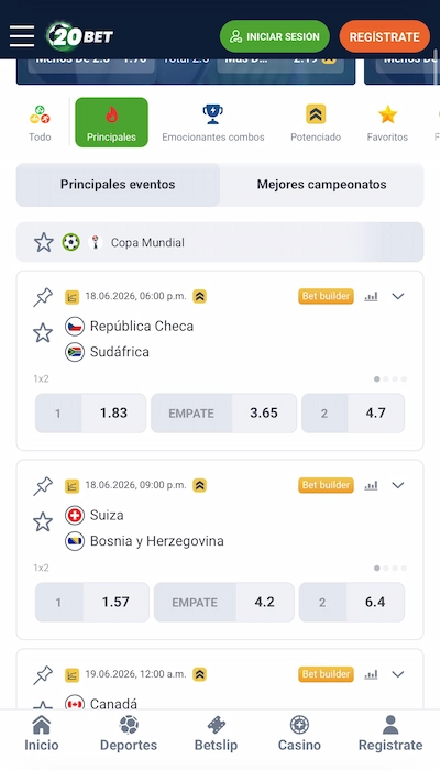 20Bet lista de partidos