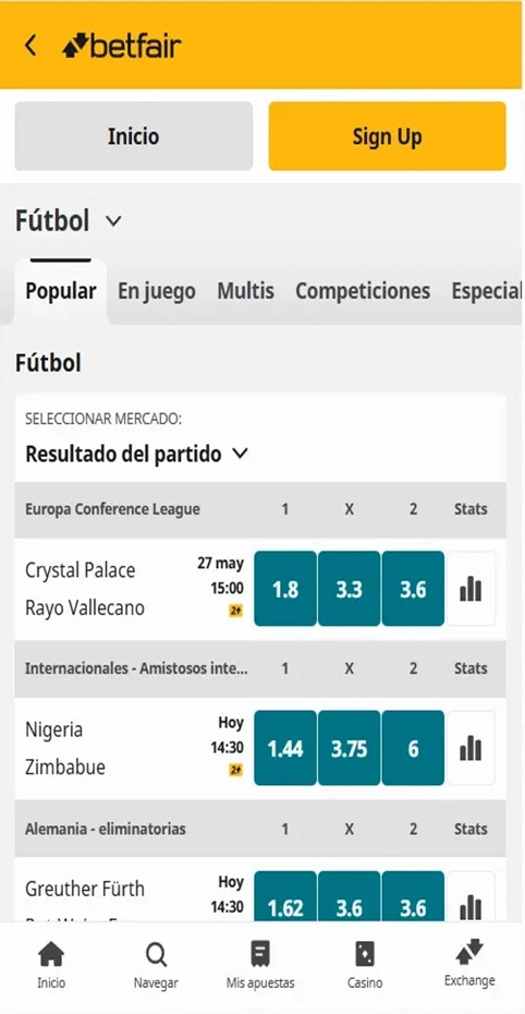 Betfair lista de partidos