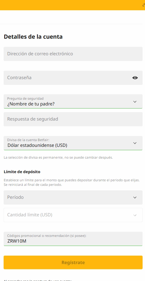 Registro Betfair