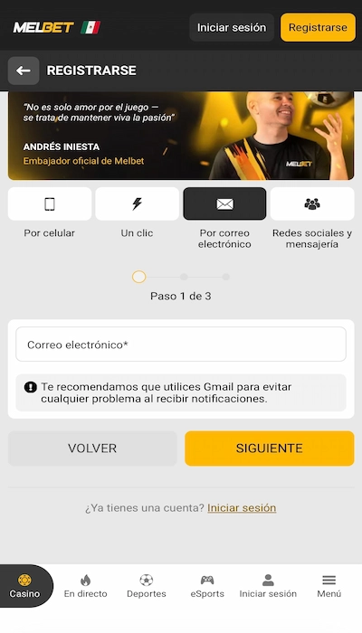Interfaz de bonos de Melbet mostrando opciones de códigos promocionales