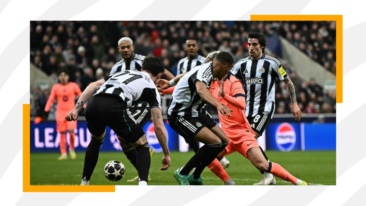 newcastle players trying to stop yamal during ucl 