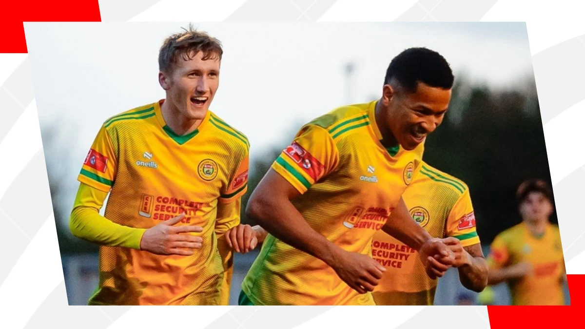 runcorn linnets players celebrate after scoring