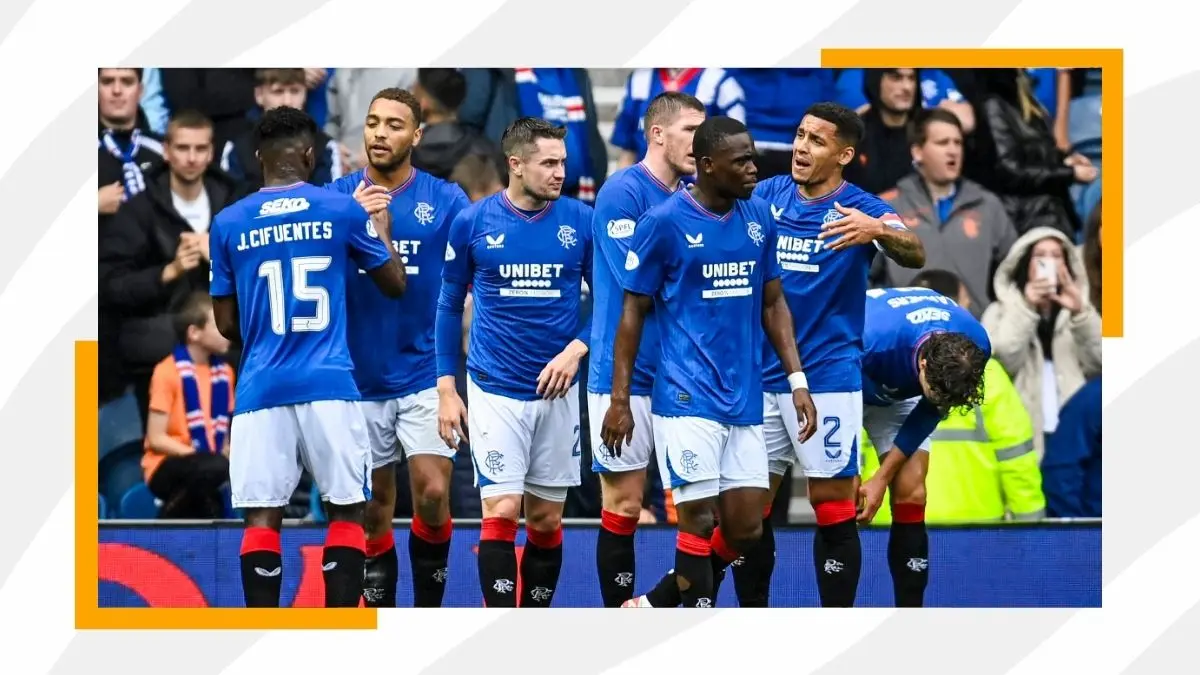 Rangers FC players celebrating goal
