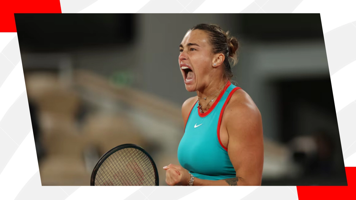 Sabalenka reacts on tennis court
